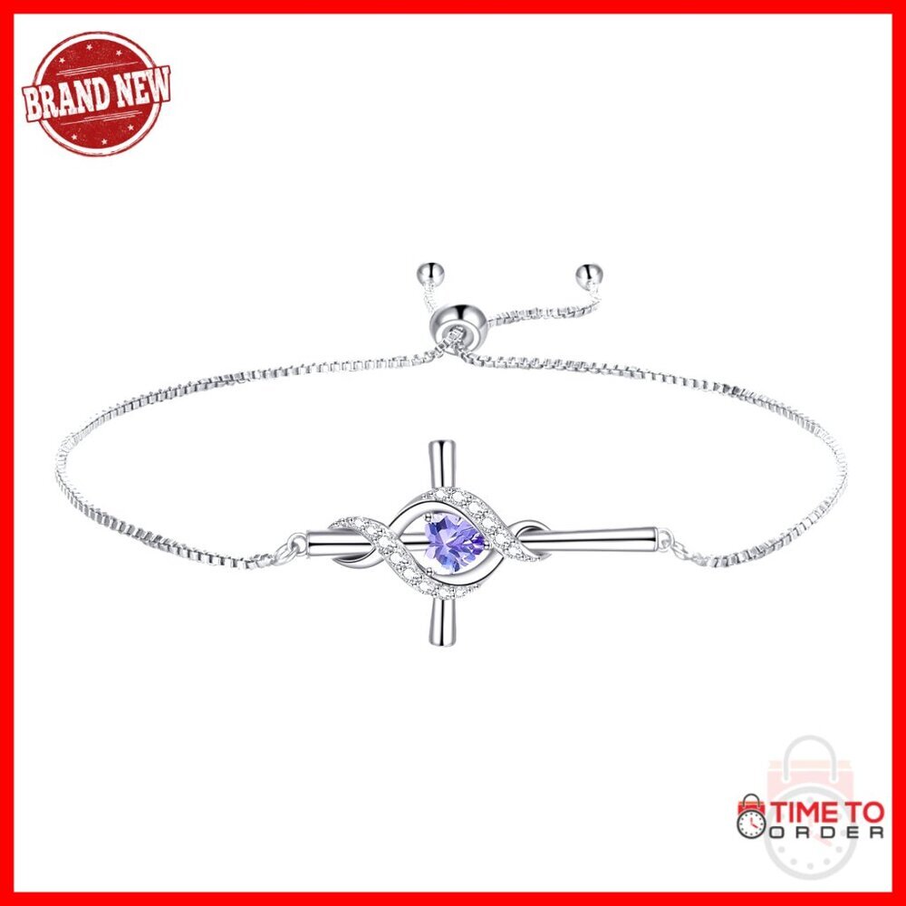 Sterling Silver Cross Pendant Bracelet with Birthstone, 7+2 Inch Chain